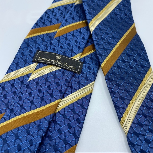 Ermenegildo Zegna Blue Gold Stipe Tie - Picture 1 of 4